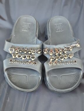 Givenchy Black Slide Sandals with Gold Chain & Stud Details